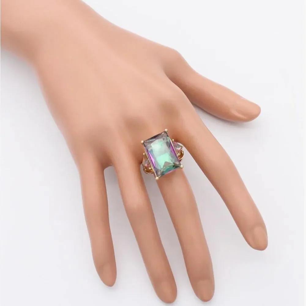 Multicolor Radiant Diamond Statement Ring 14K Gold Plated Stretch Cocktail Ring